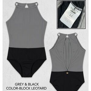 Black and Gray Performance Leotard with Gold Crown Accent